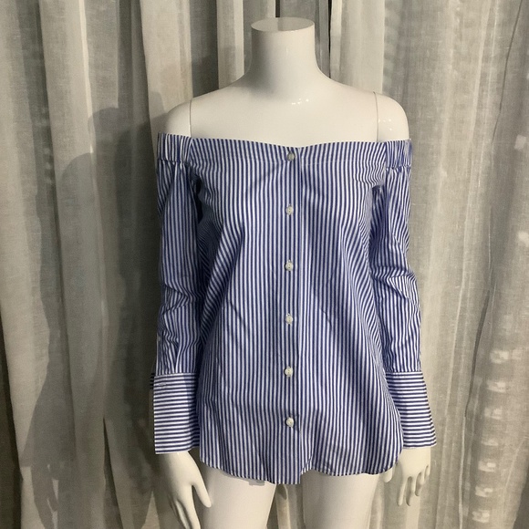 rag & bone Tops - Rag & Bone Blue/White Stripe Off the Shoulder Long-Sleeve Cotton Blouse